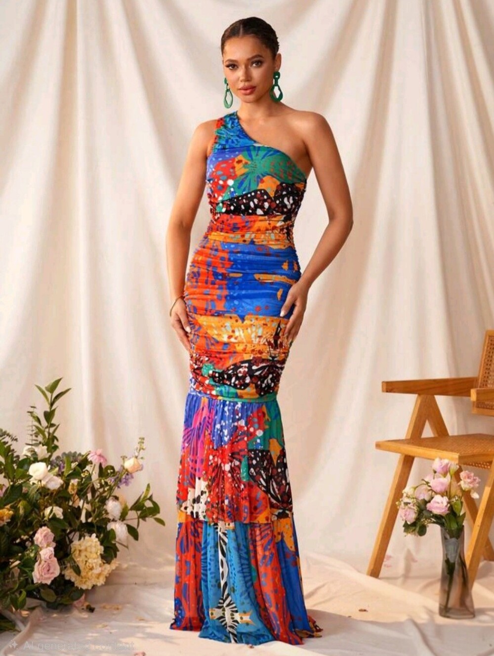 SHAQUITA GARCIA Women's Sexy Sheer Mesh Printed One Shoulder Sleeveless Slim Fit
